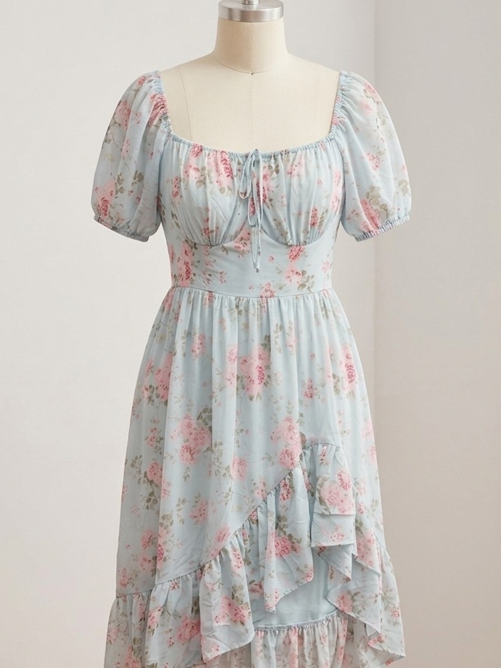 Floral Puff Sleeve High-Low Dress in Light Blue